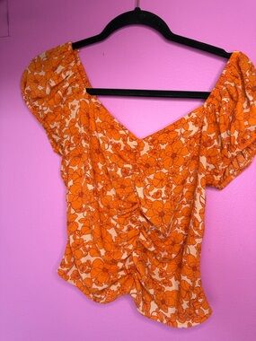 Sienna Sky Orange Floral Ruched Puff Sleeve Top